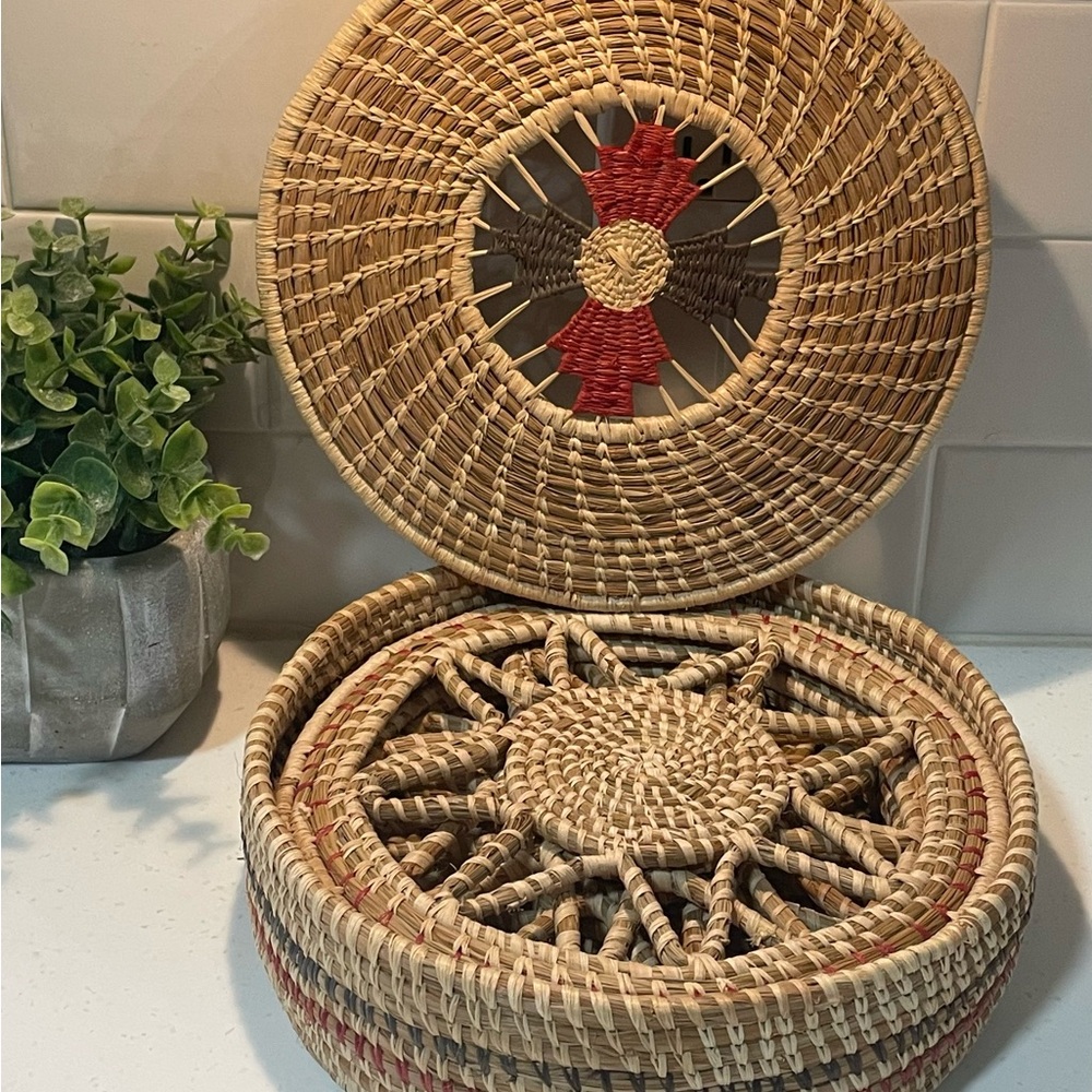 Native American Folk Art Handcrafted Woven Basket Set of Trivets 8”